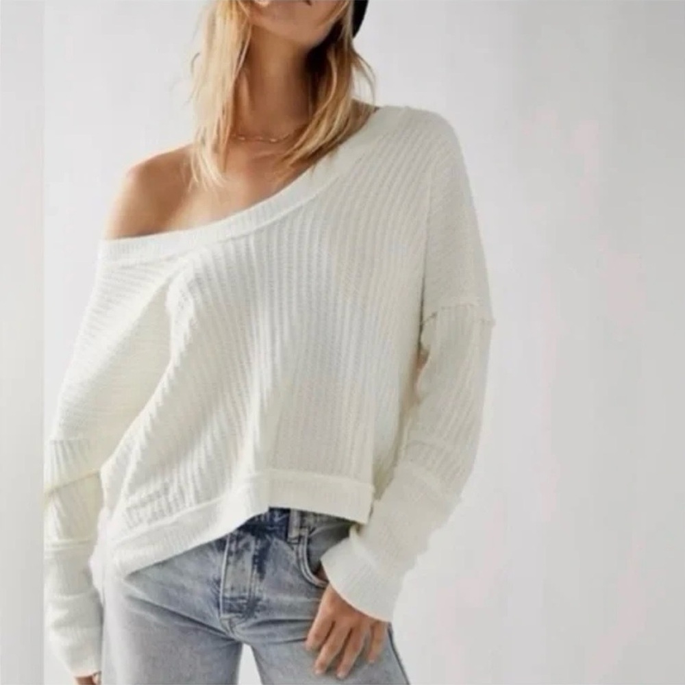 We The Free Off-the-Shoulder Cream Ribbed Sweater